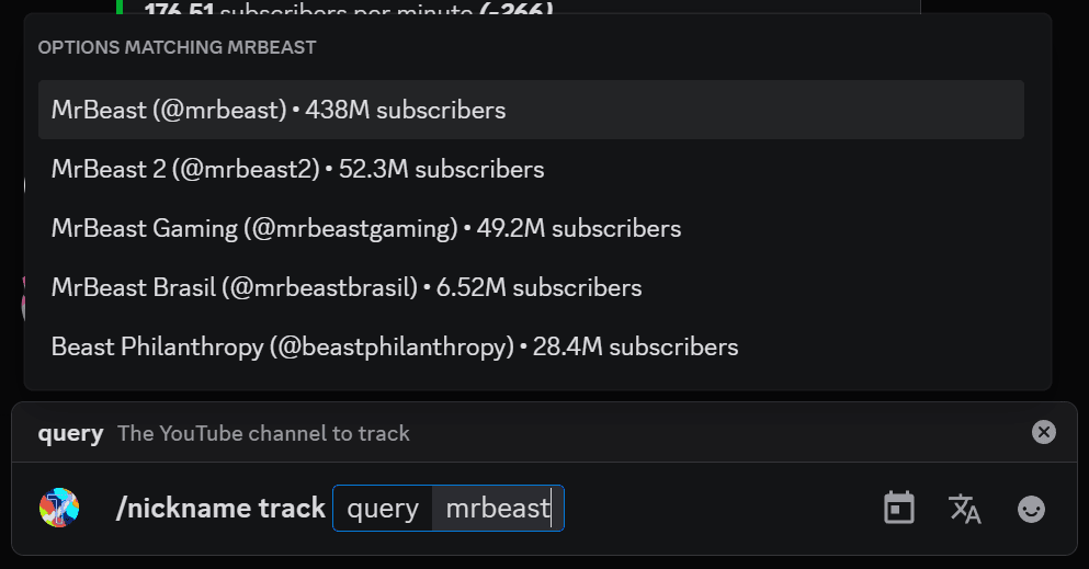 An example of the options visible when typing /nickname track in Discord