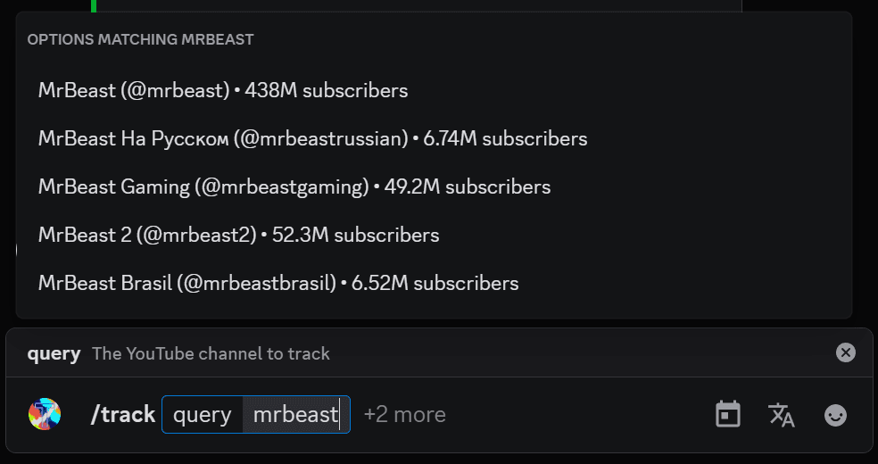 An example of the options visible when typing /track in Discord