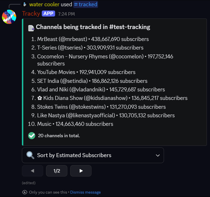 A list of channels from /tracked being sorted by estimated subscribers