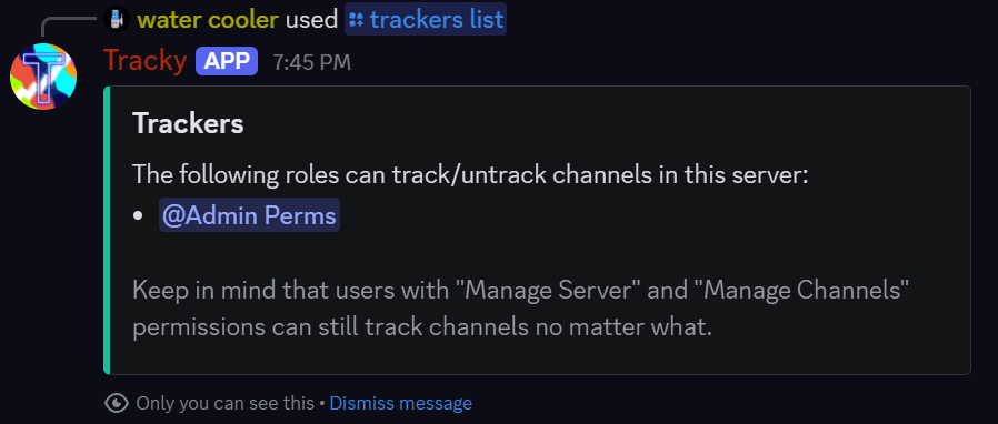 An example of /trackers list, with one tracker role named "Admin Perms"