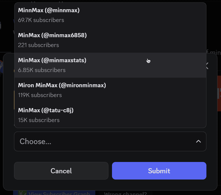 An example of the options visible when clicking on the select menu in the "Wrong channel?" modal